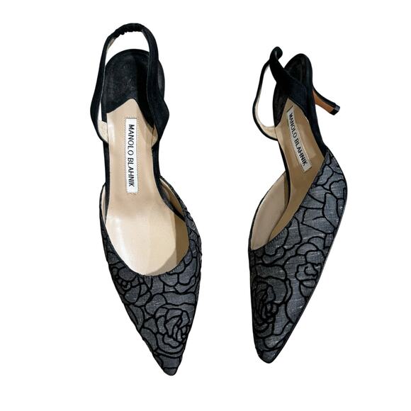 Manolo Blahnik Black Velvet Floral Slingback Heels Textured Fabric Pumps EU 37.5 - Picture 1 of 7